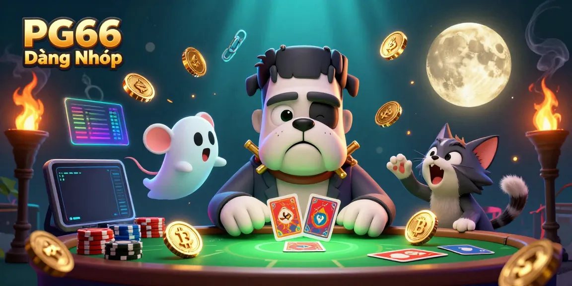 Experience PG66 Đăng Nhập through our whimsical casino scene featuring a bulldog dealer, ghostly mouse, and a werewolf kitten.