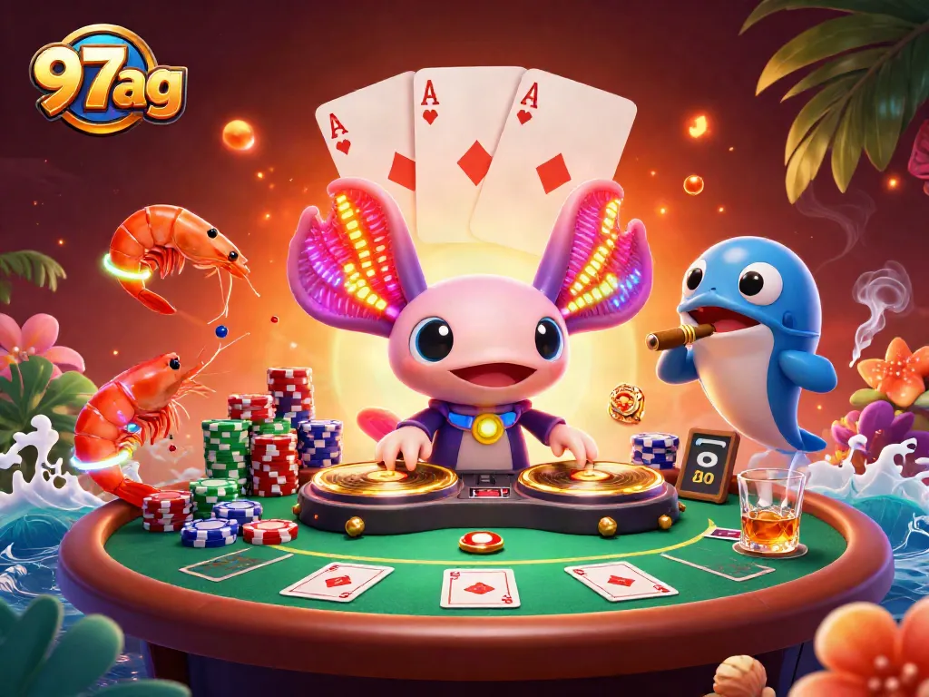 Experience the vibrant action at 97ag with a dynamic 3D casino scene featuring colorful characters and gambling elements.