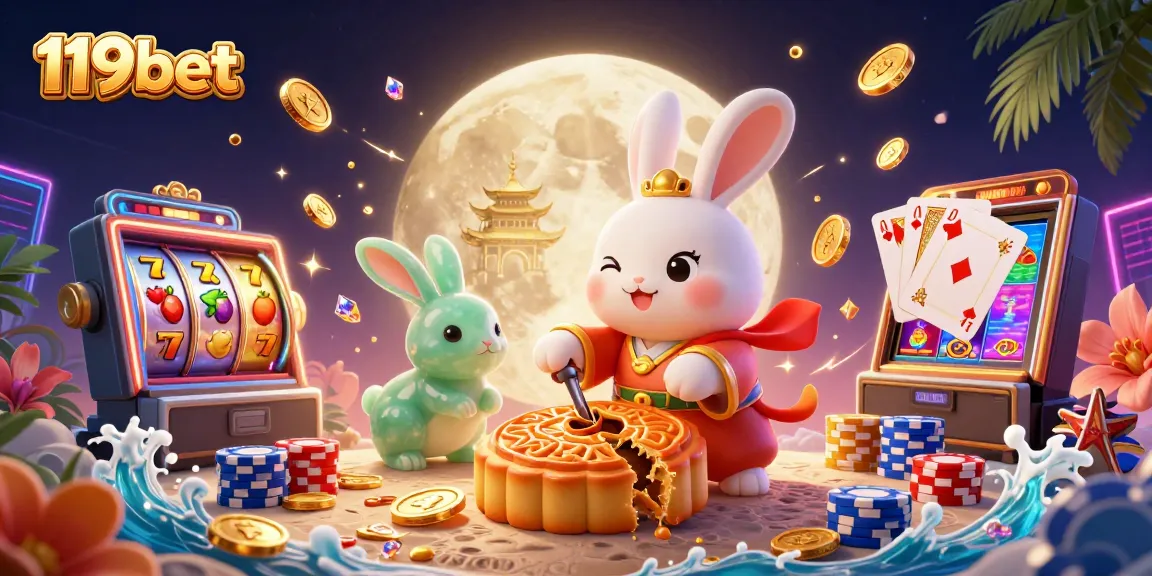 Experience the excitement of 119bet with a vibrant 3D scene featuring casino games, golden coins, and playful characters.