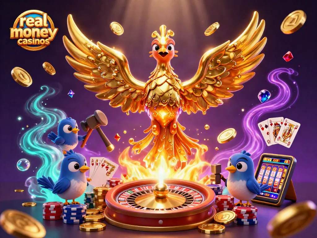 Experience real money casinos with dynamic 3D illustration showcasing golden phoenix and casino elements.