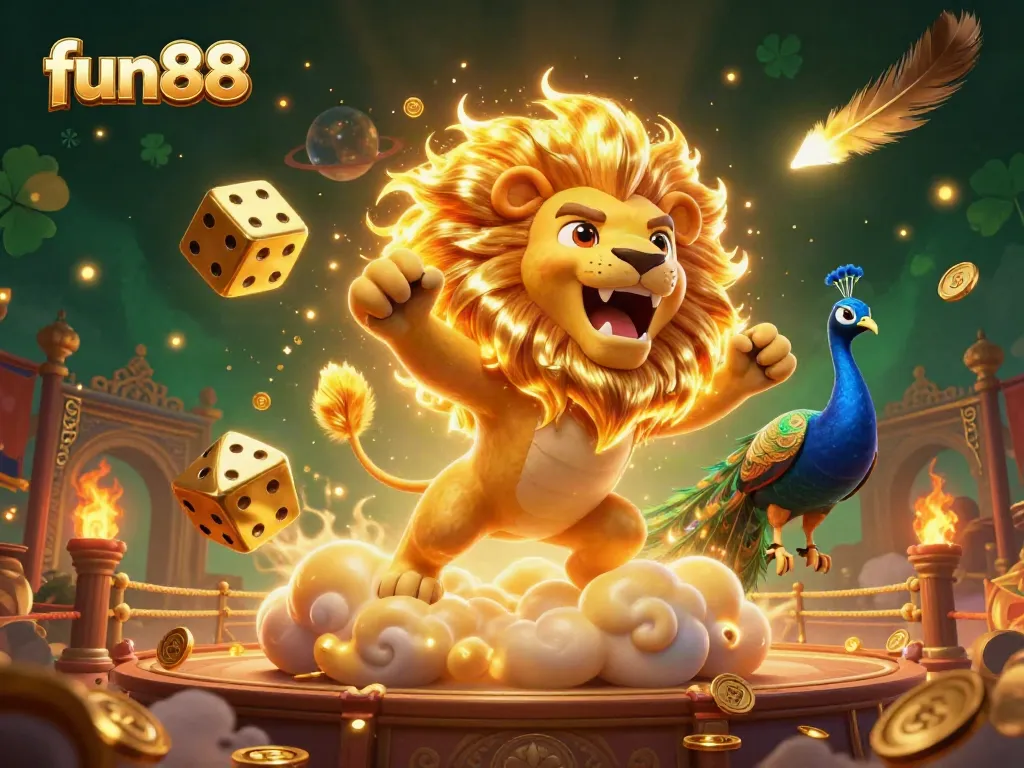 Engage with fun88 by joining a thrilling casino adventure, featuring a majestic lion and cosmic dice.