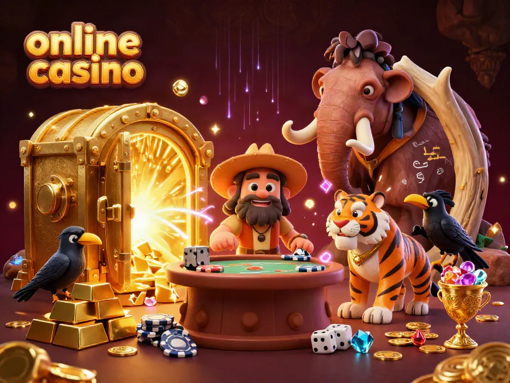 Engaging 3D cartoon scene depicting a prehistoric online casino with playful characters and vibrant treasures.