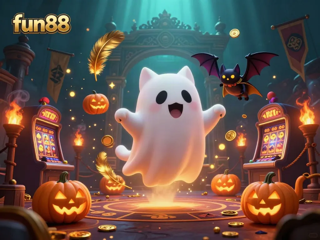 Engage in vibrant fun88 casino activities with a friendly ghost cat, glowing jack-o-lanterns, and casino games.