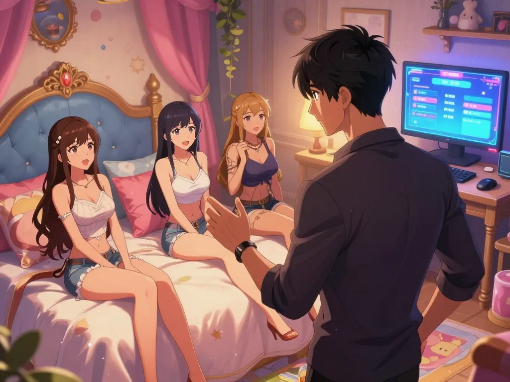 Engaging adult game scene showcasing characters in a colorful visual novel setting with interactive gameplay.
