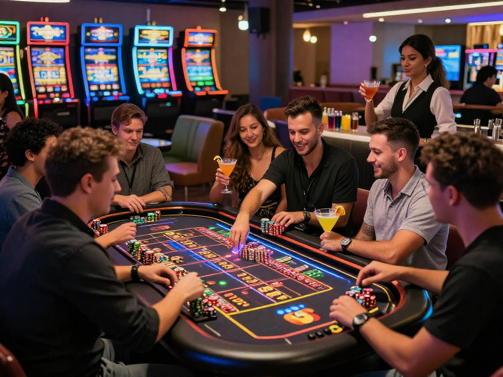 Experience the excitement of gaming at https://vin88-casino.games/ with diverse players at roulette table in vibrant casino lounge.