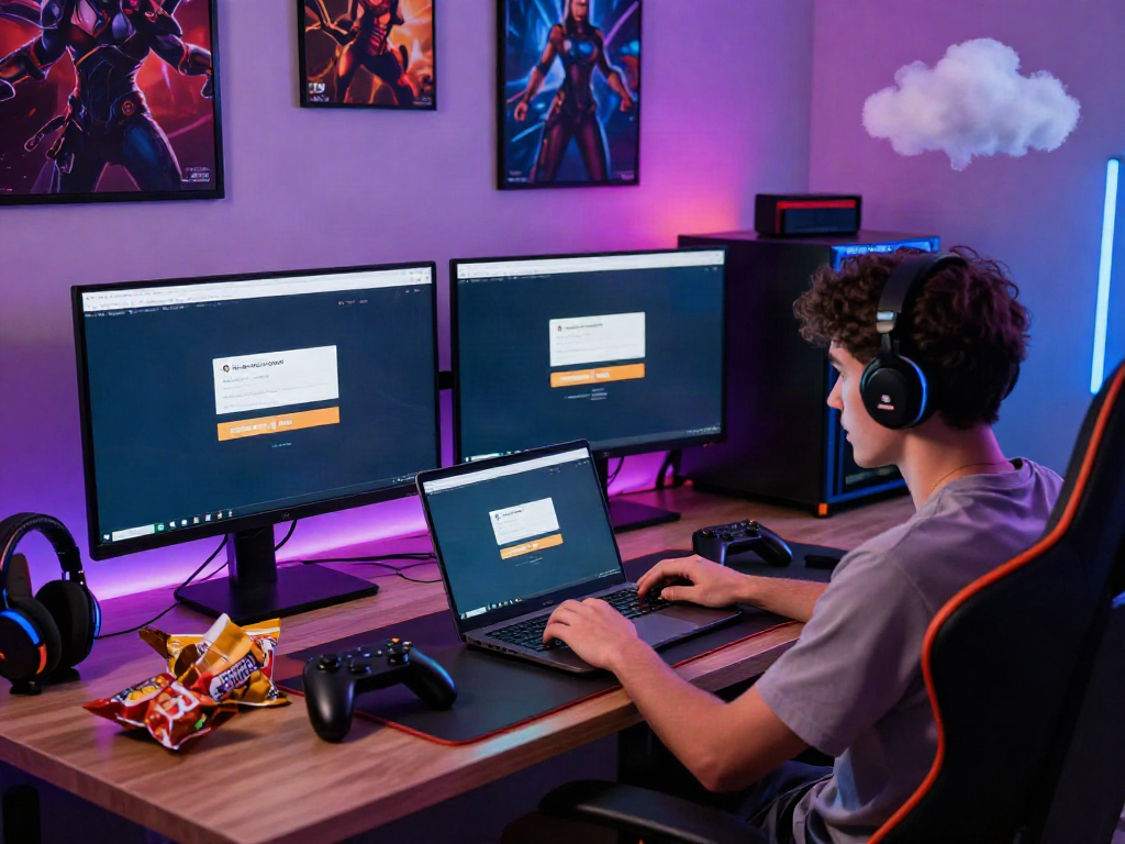 Engaging SLOT88 link login scene with a gamer at a high-tech desk.