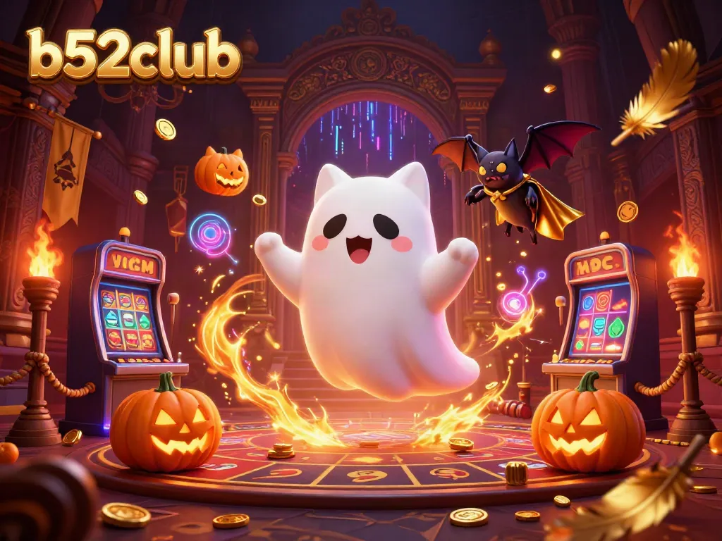 Join the fun at b52club with a ghost cat and bat in a haunted casino