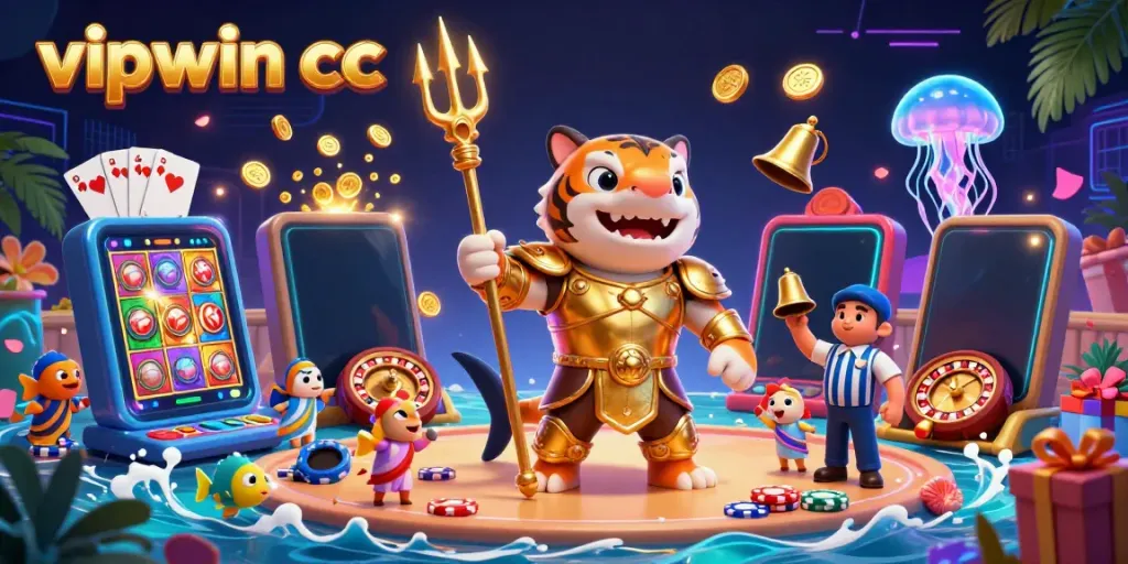 Experience thrilling gameplay at vipwin cc with a dynamic underwater casino scene featuring a tiger shark and gaming elements.