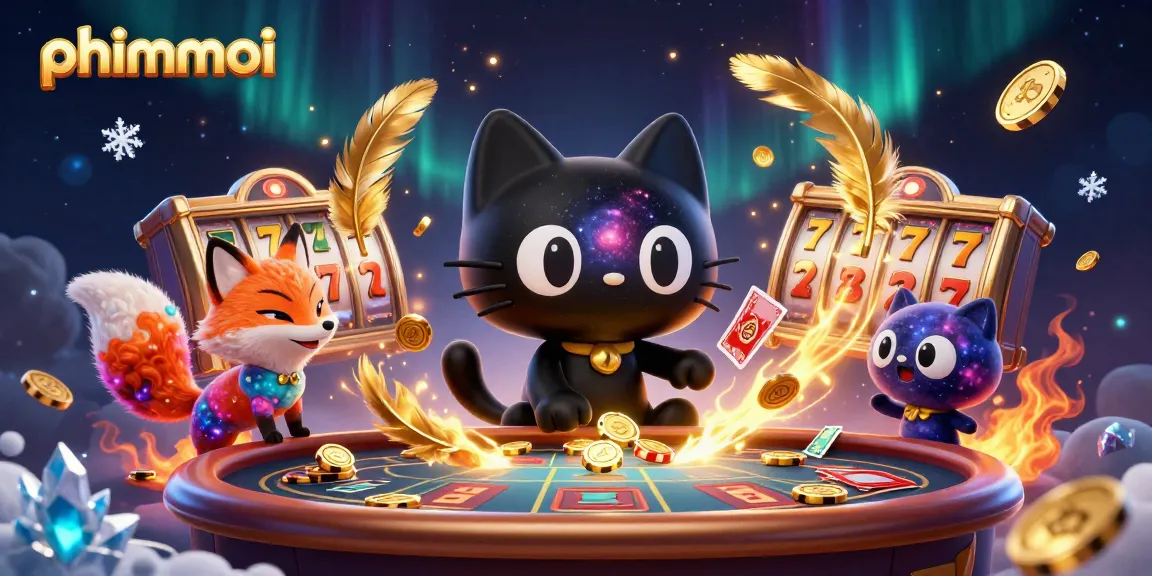 Engage with phimmoi slots, featuring a cosmic cat, a nebula fox, and swirling casino elements.