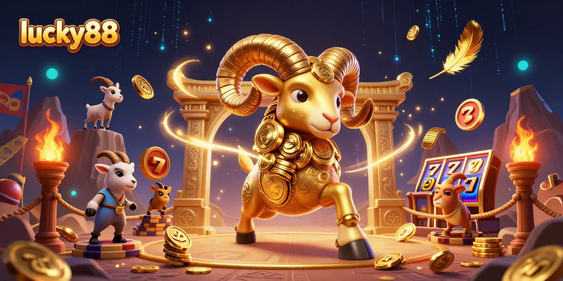 Experience the thrill of winning big with lucky88 featuring a massive golden ram charging through a dynamic casino scene.