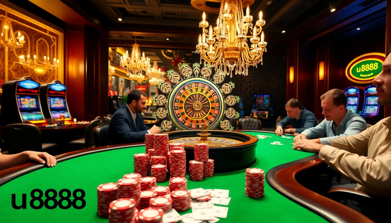 Players engaged at a poker table celebrating their wins with u8888 branding highlighted.