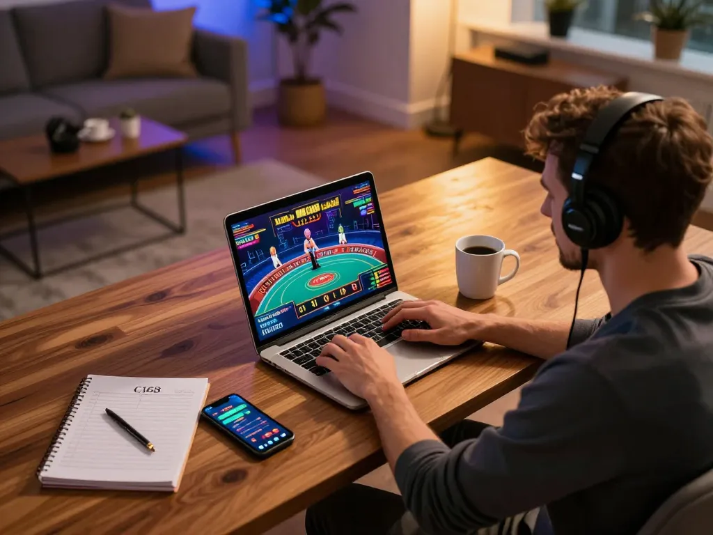 C168 player engaging with live dealer game on laptop in stylish home setup.