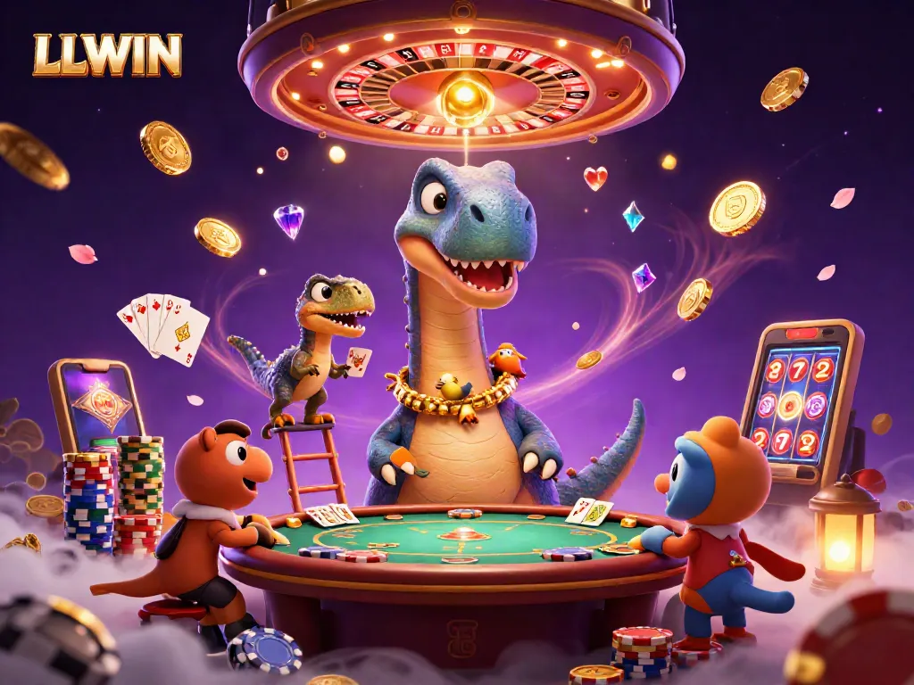 LLWIN shines with a lively scene of vibrant gaming action featuring a towering brontosaurus and a clever raptor dealing cards.
