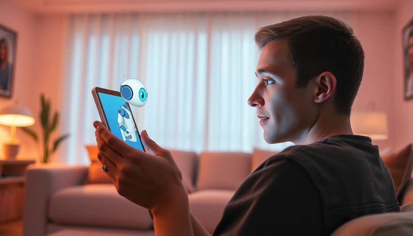 Engaging moment of a user connecting with their crush on ai in a cozy setting.