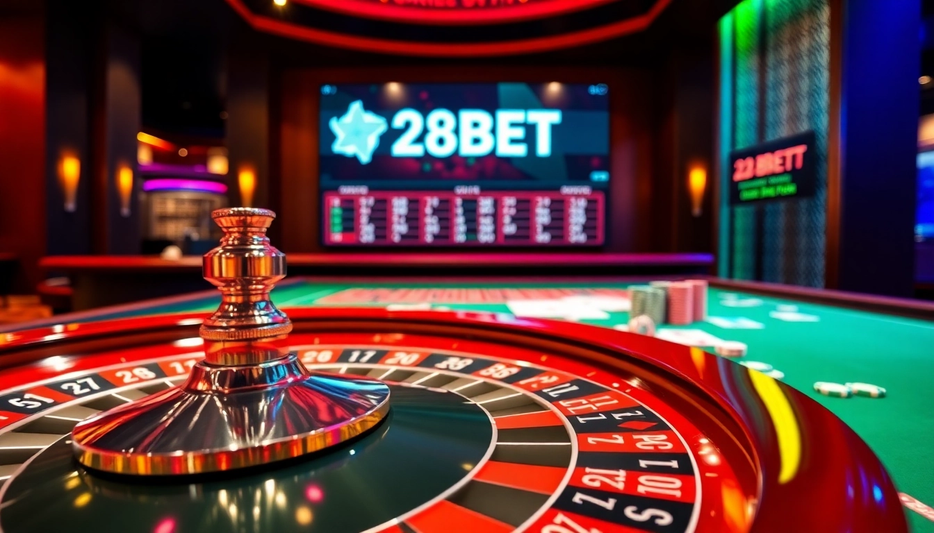 Players enjoying a winning moment at 28BET with vibrant casino elements.