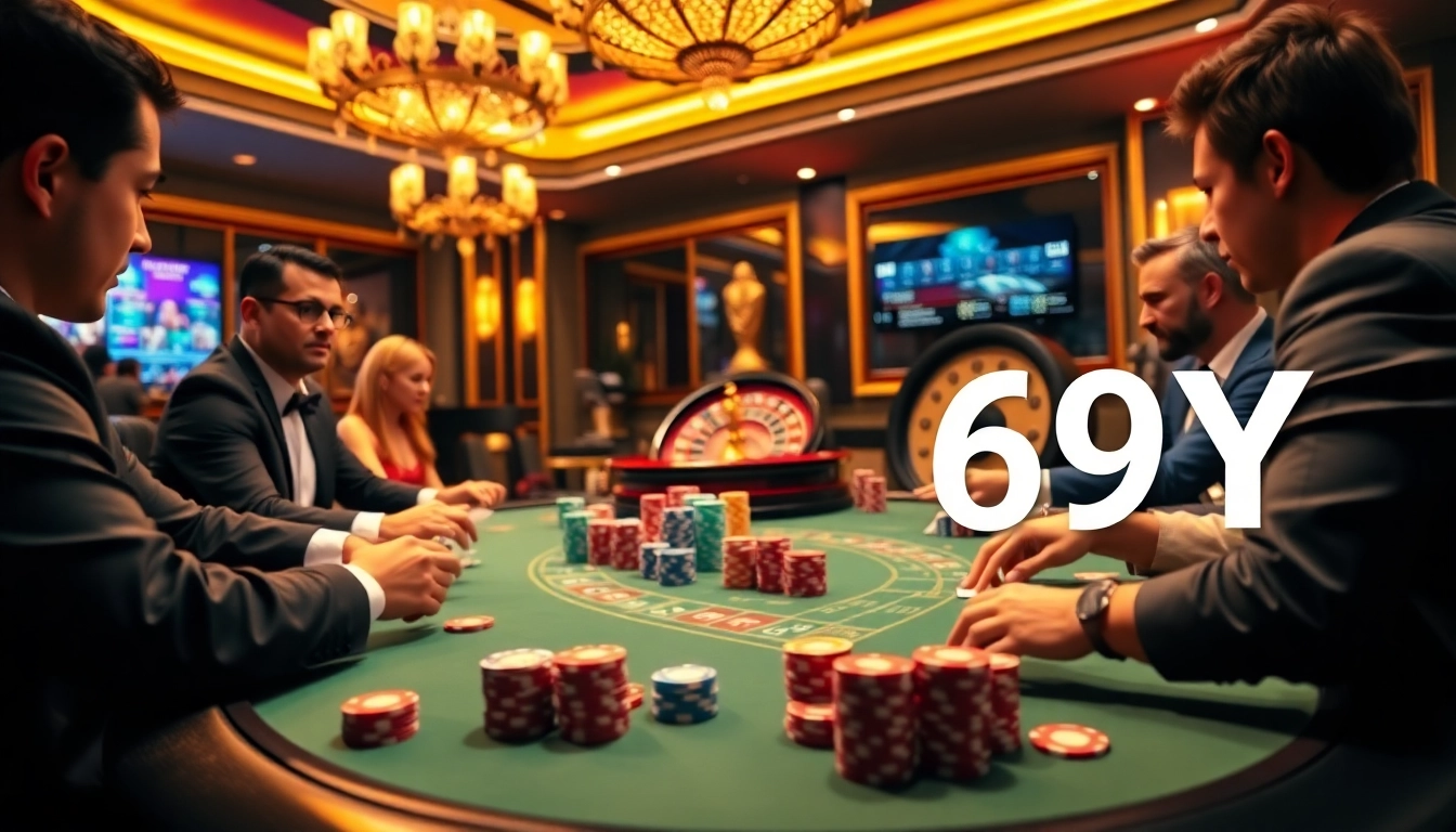 Jogue pôquer em uma mesa vibrante no cassino 69Y, com altas apostas e emoção.