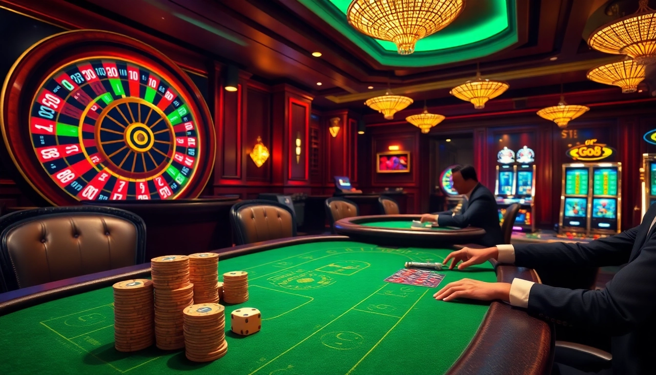 Players strategize at a luxurious poker table in the go8 casino scene.