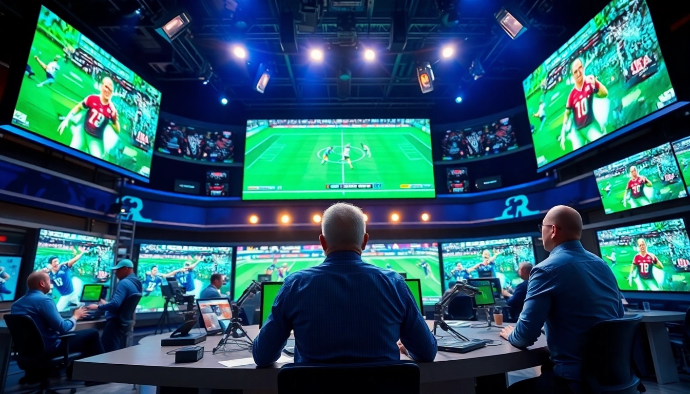 Captivating scene of Sports Broadcasting studio with commentators engaged in live coverage.