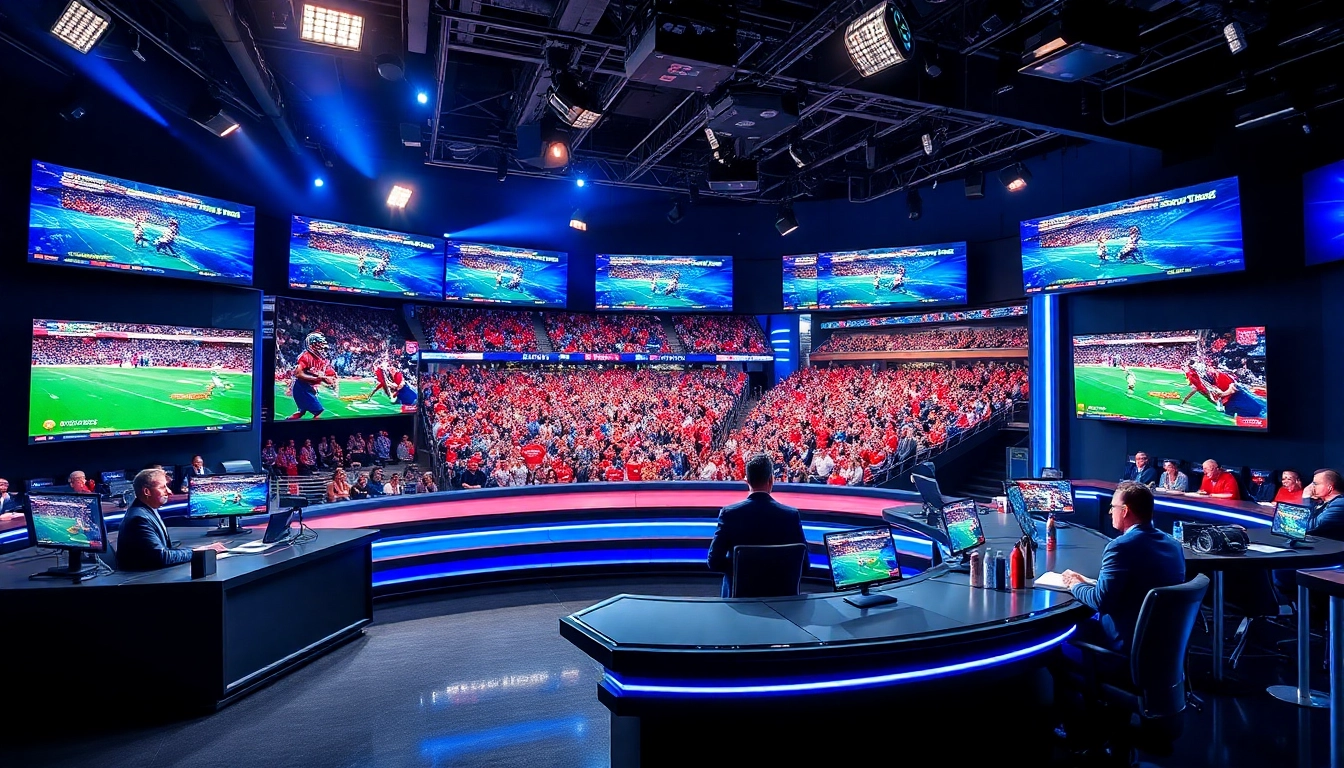 Hosts broadcasting live sports broadcasting in a dynamic studio setting with vibrant graphics.