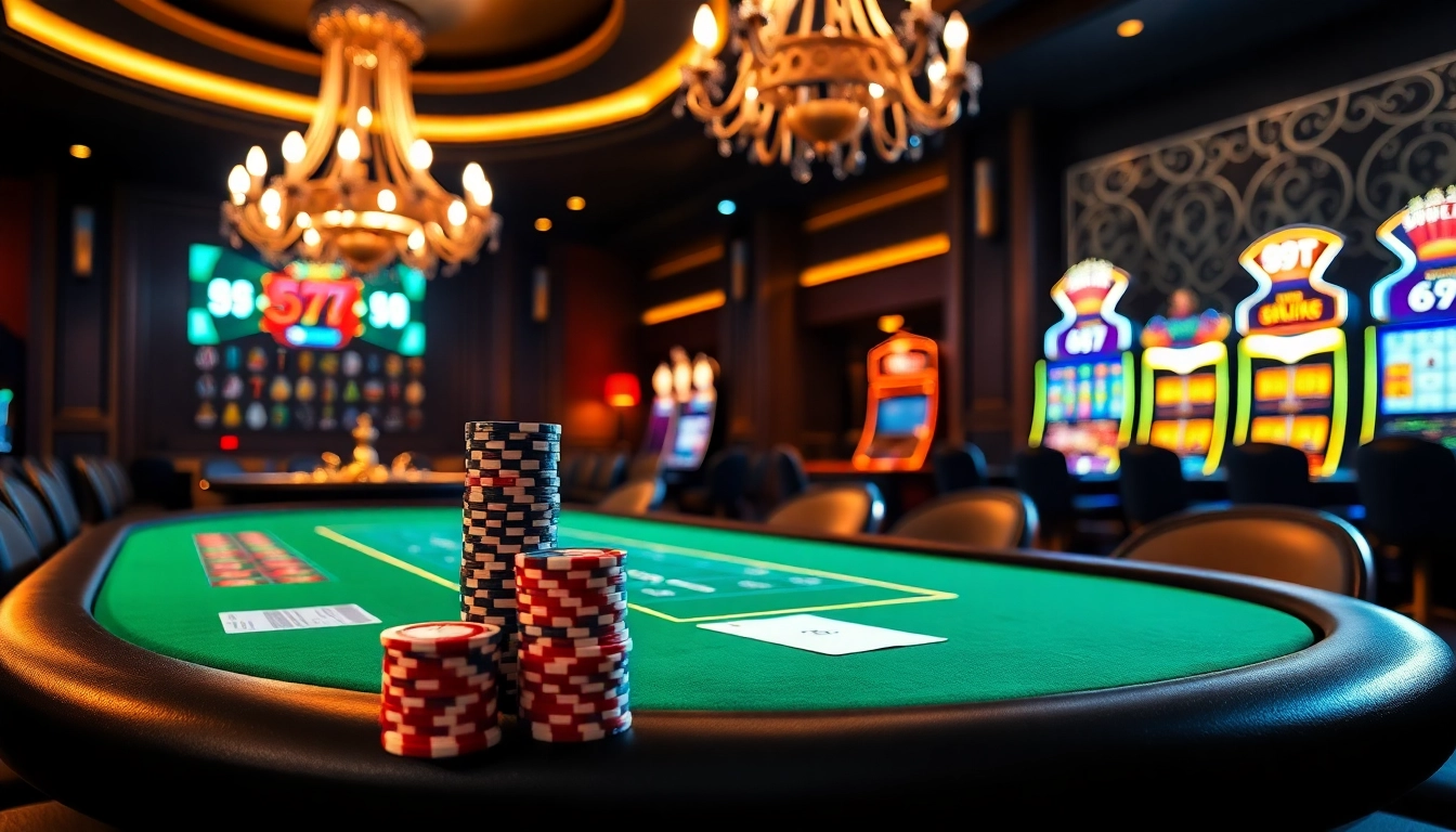 Experimente uma jogabilidade emocionante em um cassino com chips de pôquer com tema 69T e máquinas caça-níqueis vibrantes.