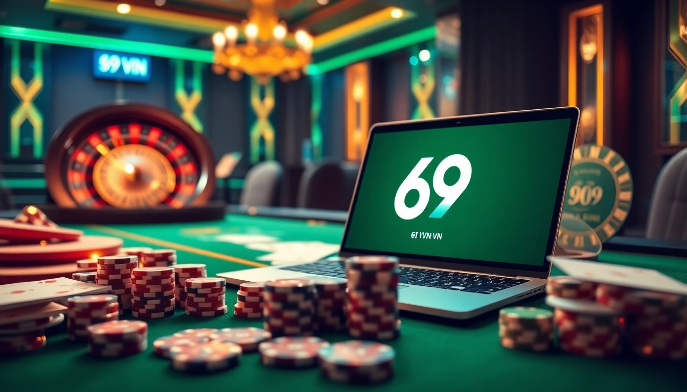Experience luxury and excitement at 69 VN's online casino, featuring poker chips and roulette.