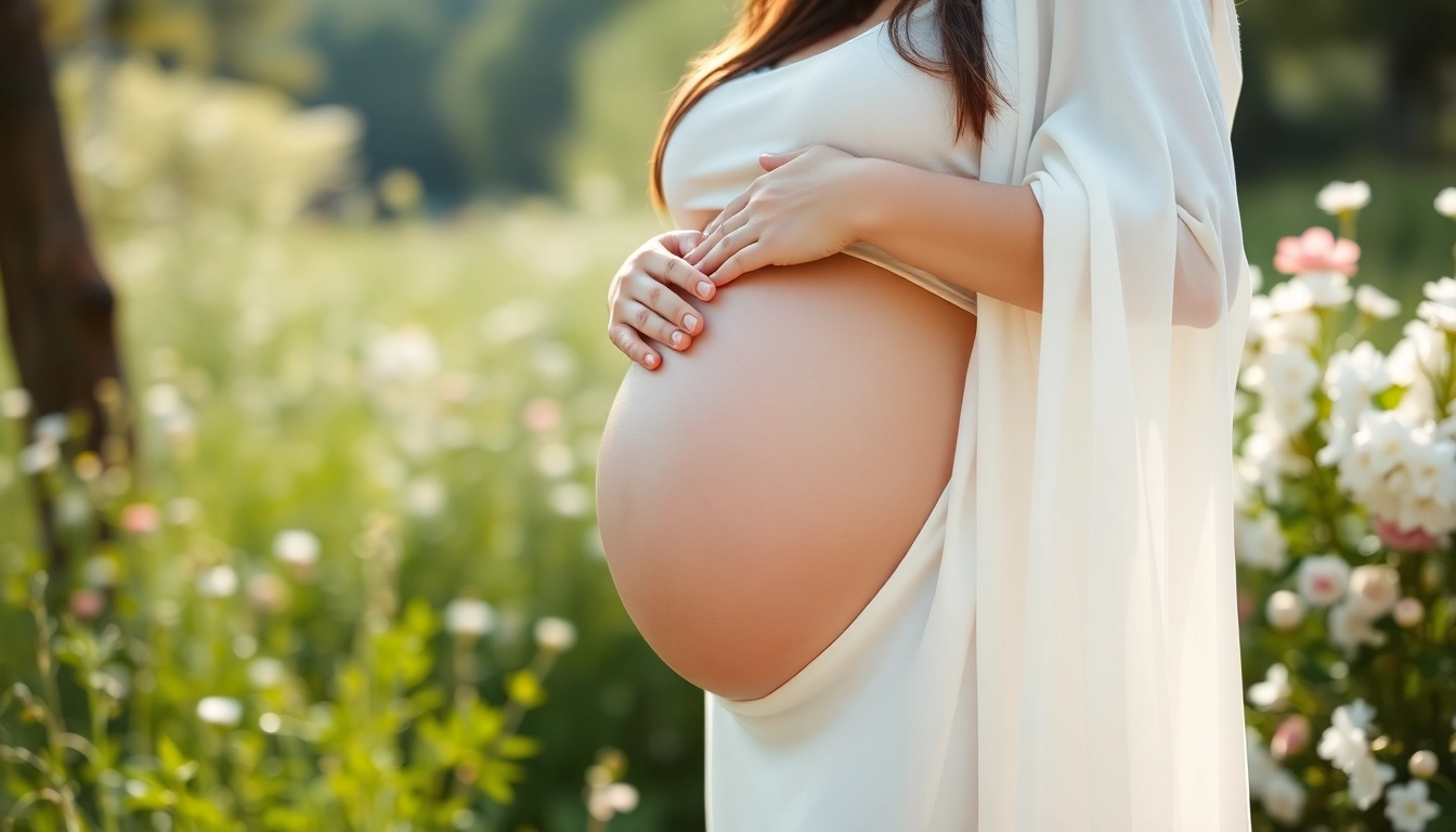 Capture a joyful Babybauch Fotoshooting moment with a mother embracing her baby bump outdoors.